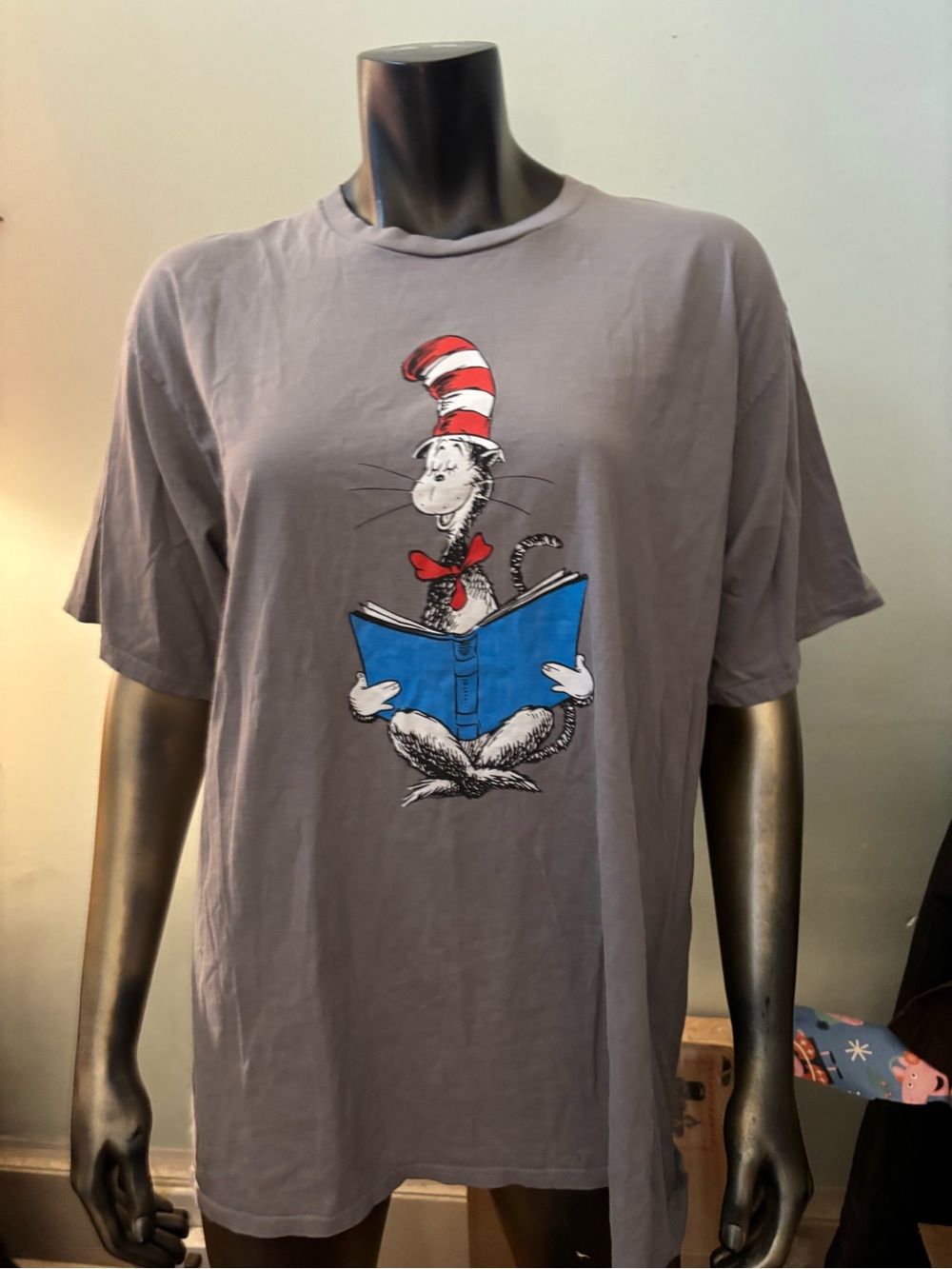 Port and Company Gray Cat in the Hat Graphic Tee with Blue Book